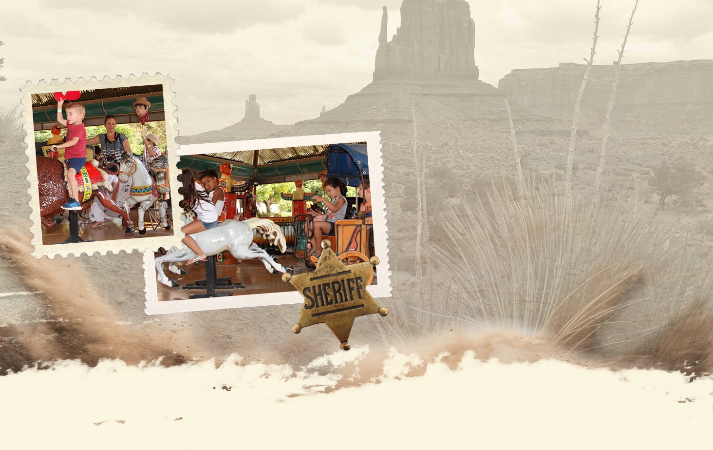 Des enfants s'amusent sur un manège dans une ambiance familiale au Parc d’attractions dans le Sud de la France, OK CORRAL, où les attractions pour enfants et les manèges pour tous les âges offrent des aventures en famille uniques. L'atmosphère festive et immersive rappelle l'ambiance Far West, idéale pour des souvenirs inoubliables.

Deux enfants profitent d'un manège sur le thème du western, entourés de décors immersifs typiques de la